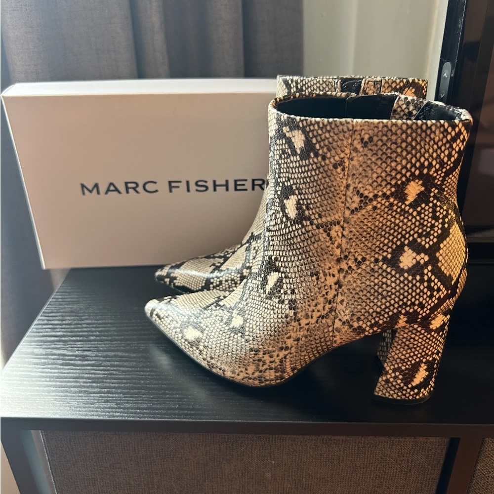Marc Fisher Beige and Black Snake Print Booties